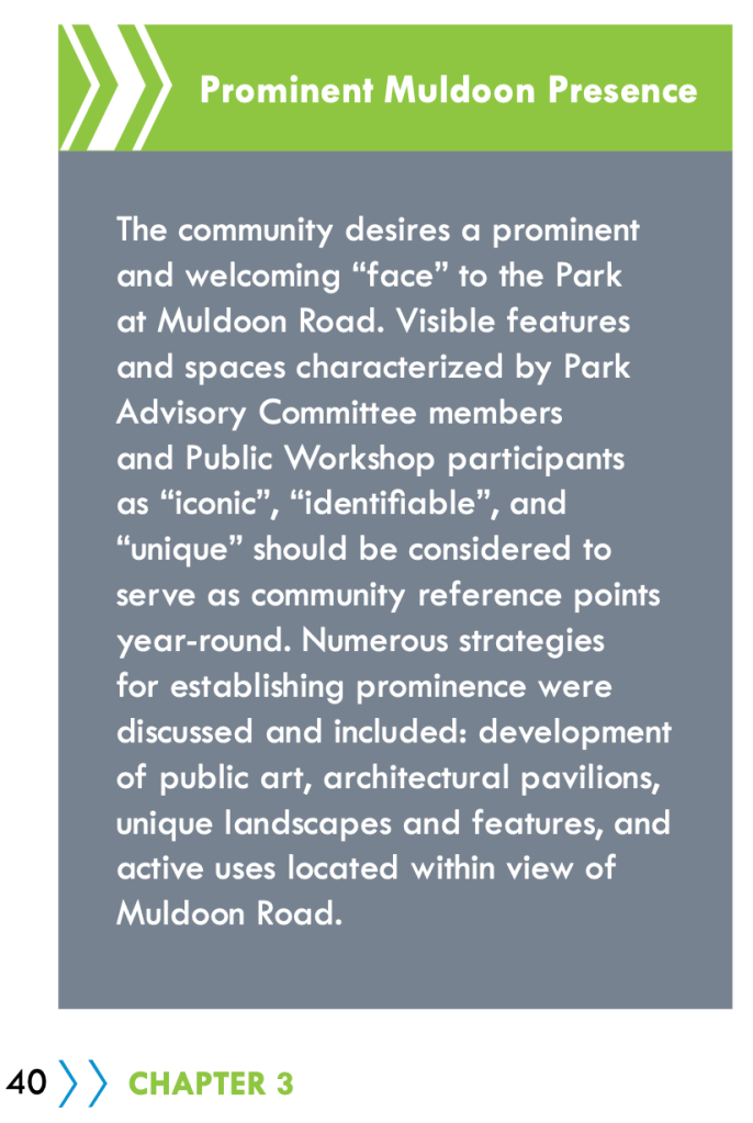 Quote from the 2016 Muldoon Town Square Park Master Plan advocating for "prominent Muldoon Presence"