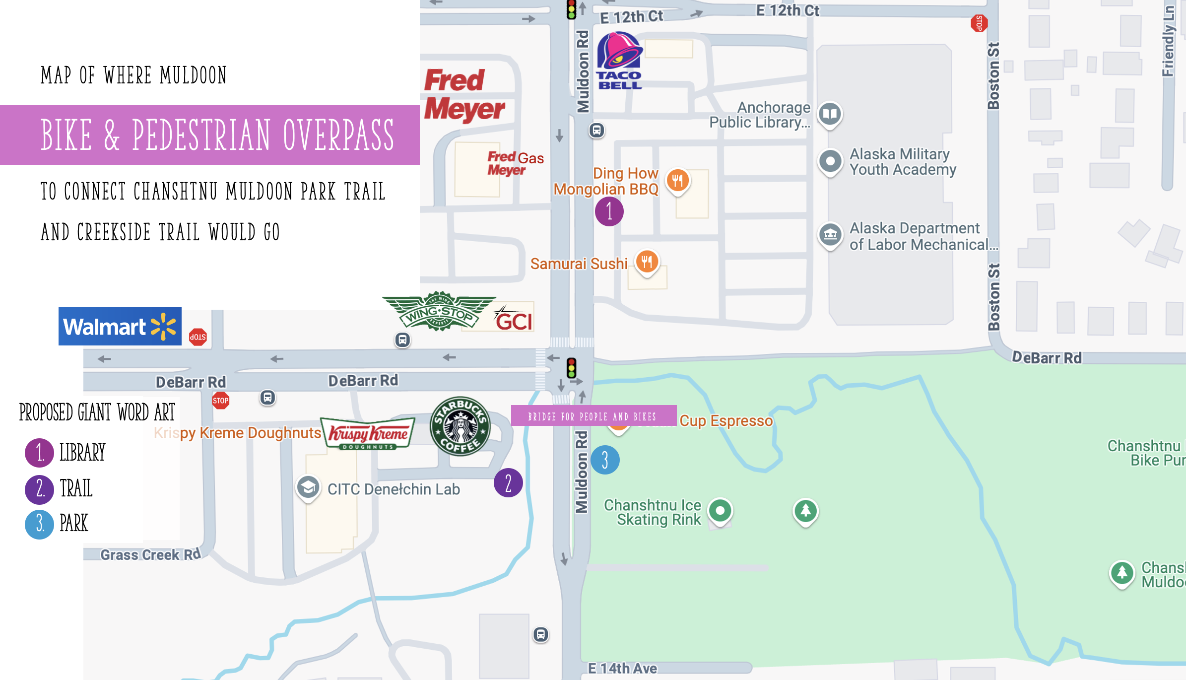 Map of where Muldoon bike & pedestrian overpass to connect Chanshtnu Muldoon Park Trail and Creekside Trail would go