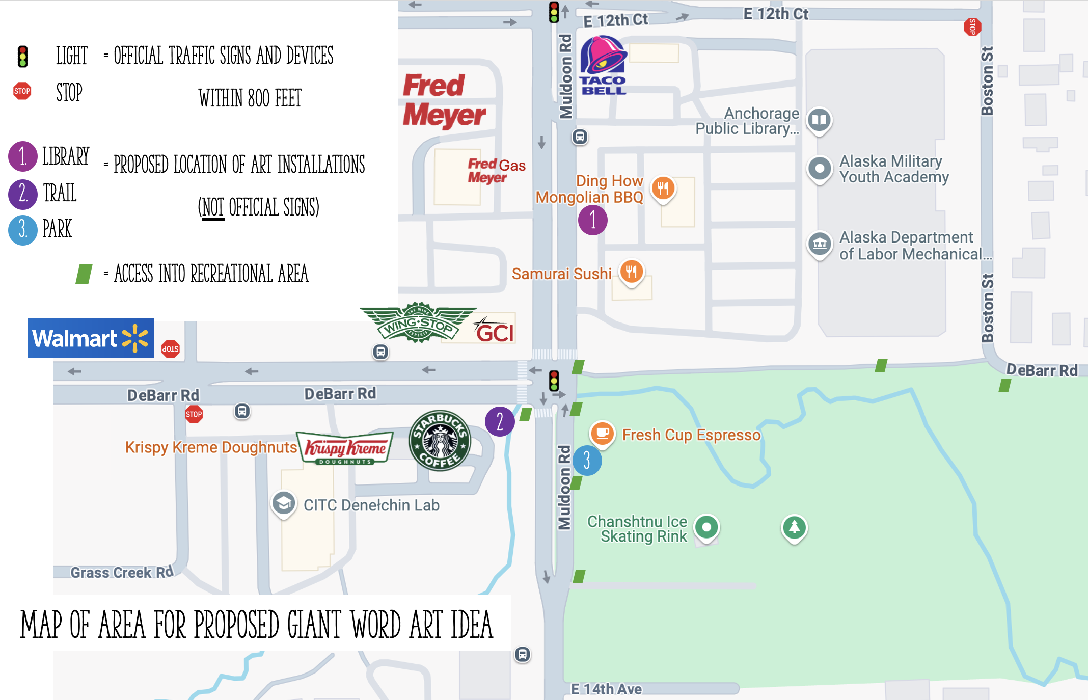 Giant signage idea is inspired by the Pop Art sculpture of a giant FREE stamp in Cleveland by Oldenburg and van Bruggen. The idea would be for them to be very bold and very big on purpose. They will stand out from the surroundings. That’s the point.