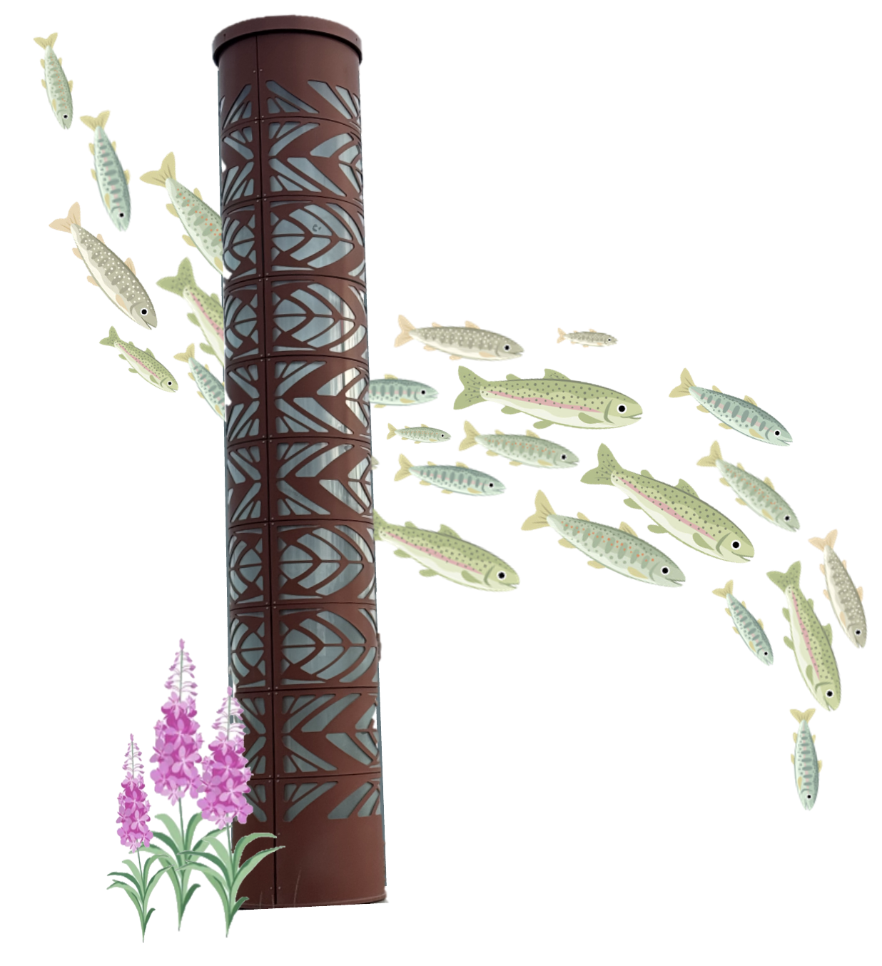 Fireweed, salmon, and illuminated art on Muldoon Road along the Glenn Highway overpass in Northeast Anchorage, Alaska