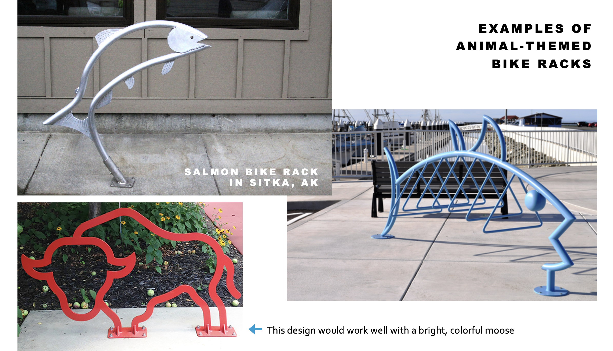 Examples of animal themed bike racks for Northeast Anchorage, Alaska