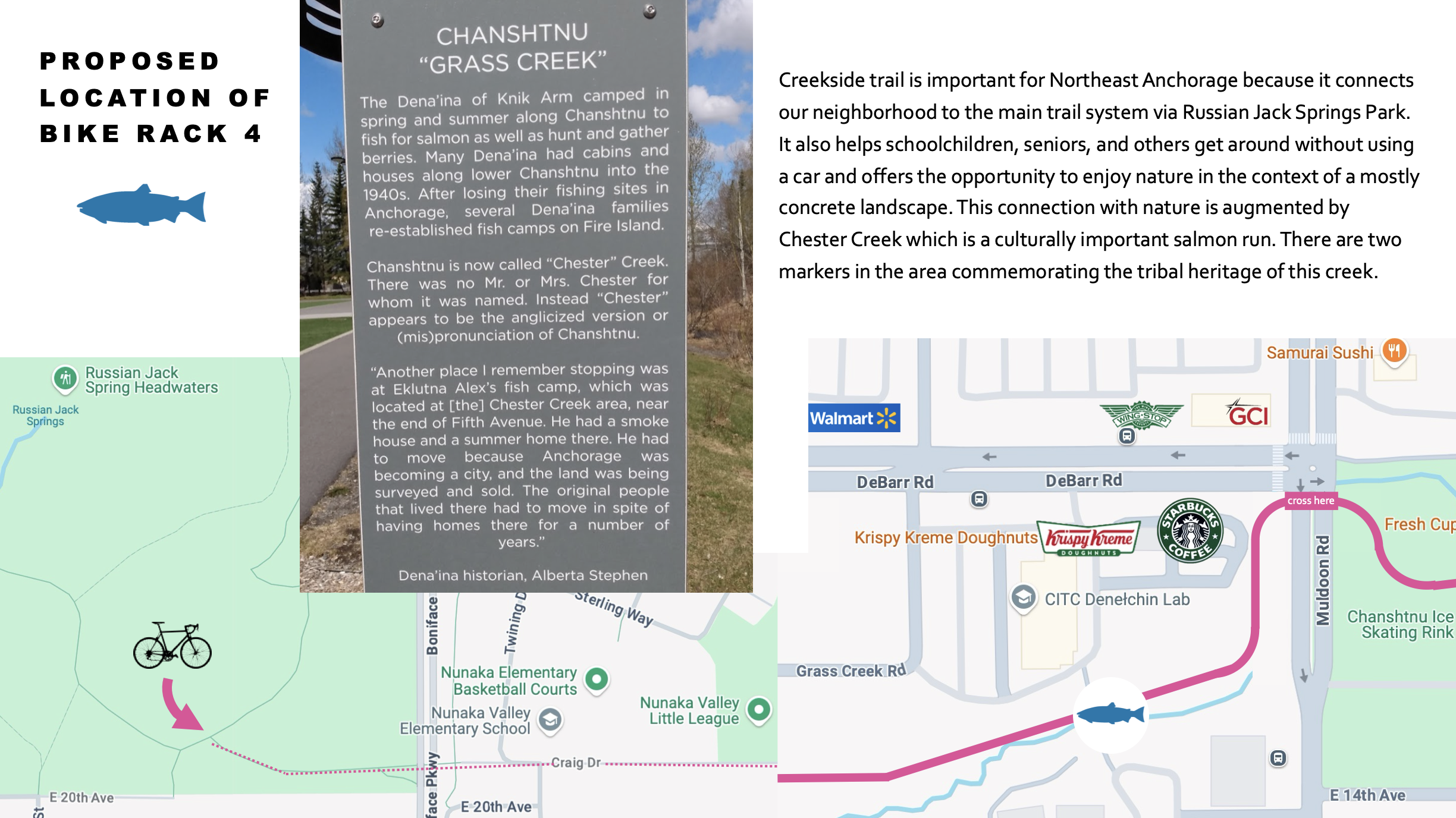 Creekside trail is important for Northeast Anchorage because it connects our neighborhood to the main trail system via Russian Jack Springs Park. It also helps schoolchildren, seniors, and others get around without using a car and offers the opportunity to enjoy nature in the context of a mostly concrete landscape. This connection with nature is augmented by Chester Creek which is a culturally important salmon run. There are two markers in the area commemorating the tribal heritage of this creek. 