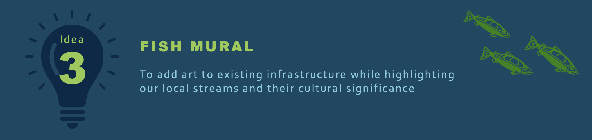 FISH MURAL
To add art to existing infrastructure while highlighting our local streams and their cultural significance