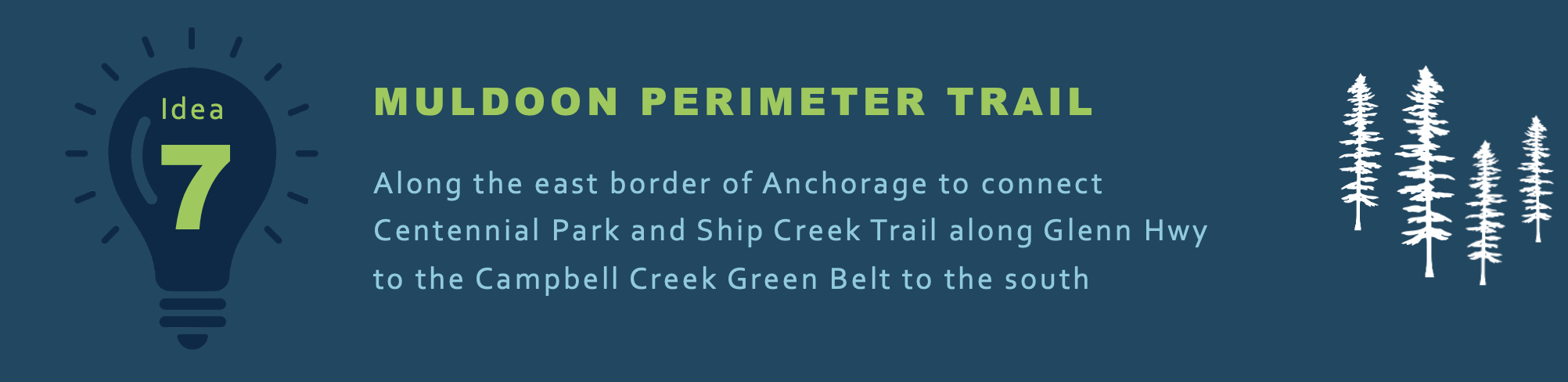 MULDOON PERIMETER TRAIL
Along the east border of Anchorage to connect Centennial Park and Ship Creek Trail along Glenn Hwy to the Campbell Creek Green Belt to the south
