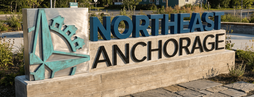Northeast Anchorage sign for the ground