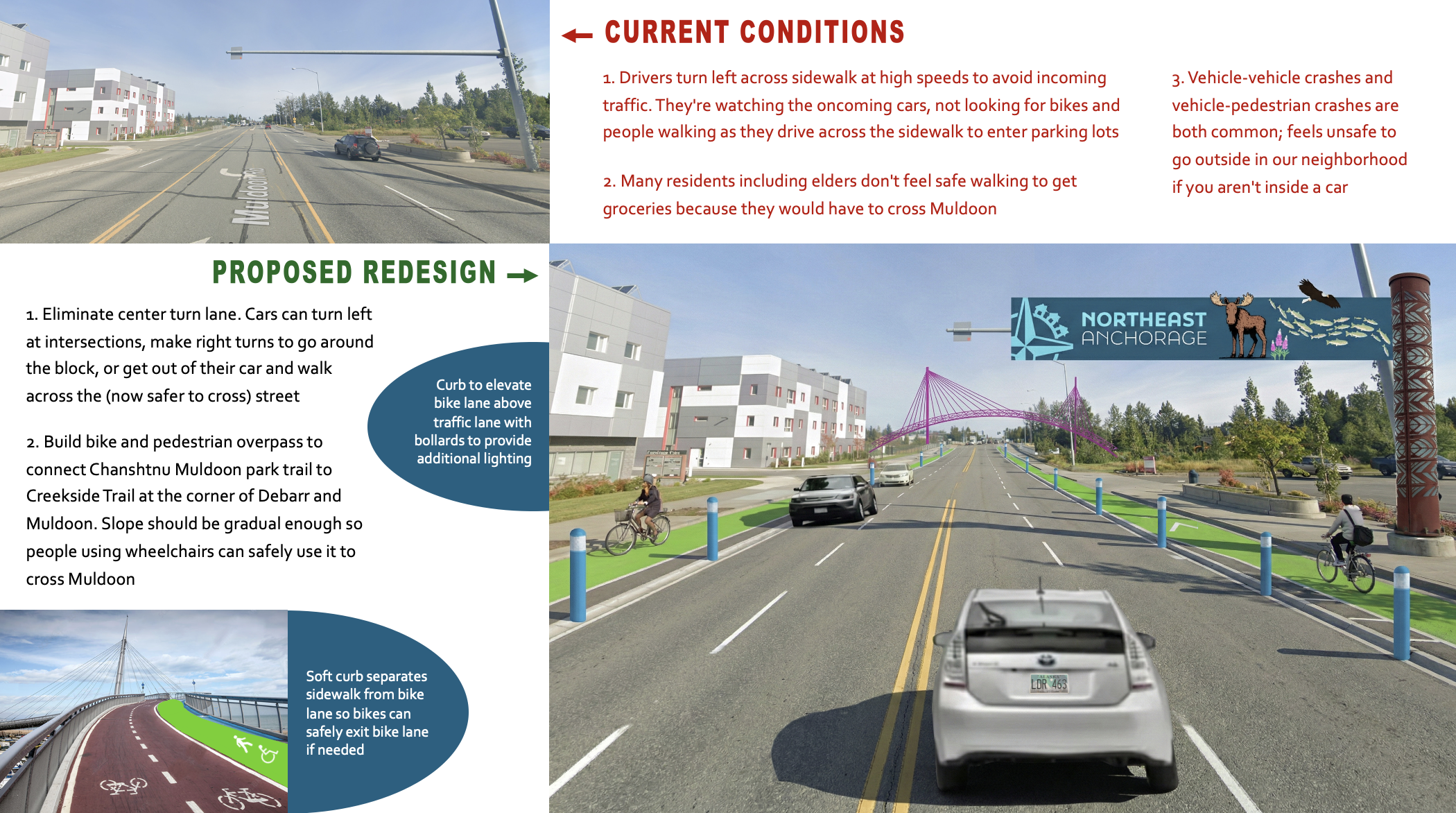 Mock-up of colorful pedestrian and bike overpass to help people cross Muldoon road safely above the traffic