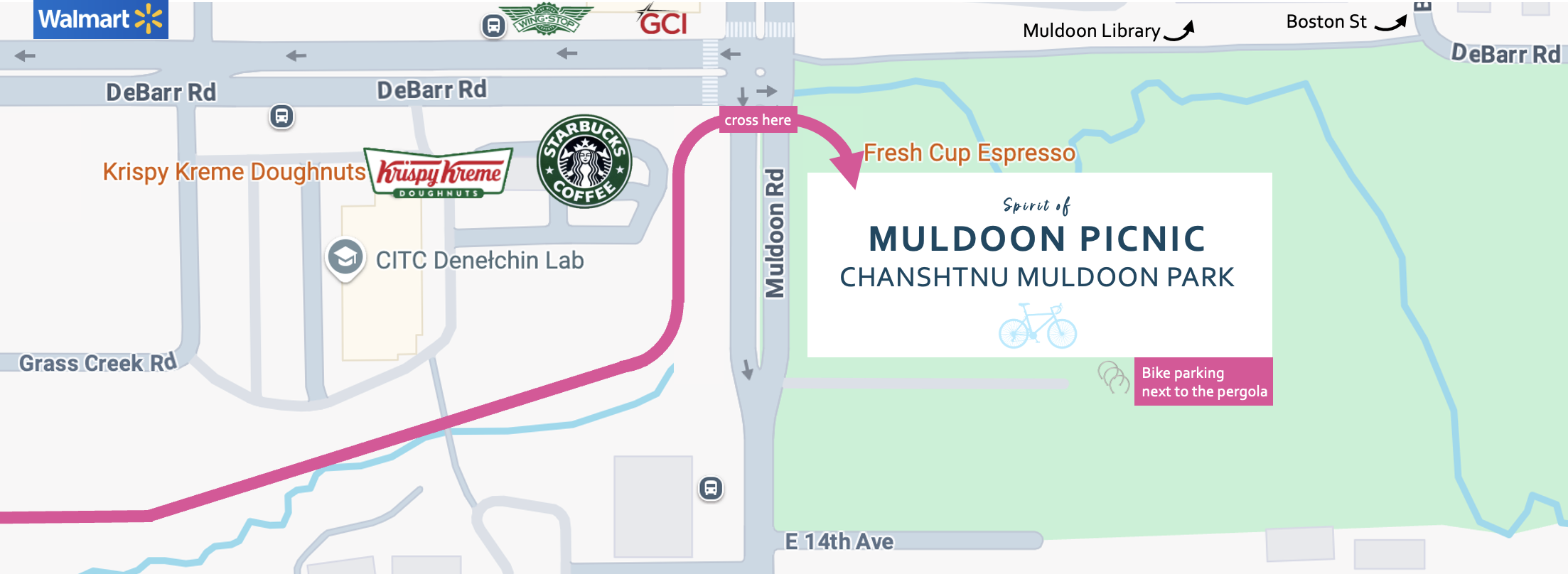 Bike route to Chanshtnu Muldoon Park from the west