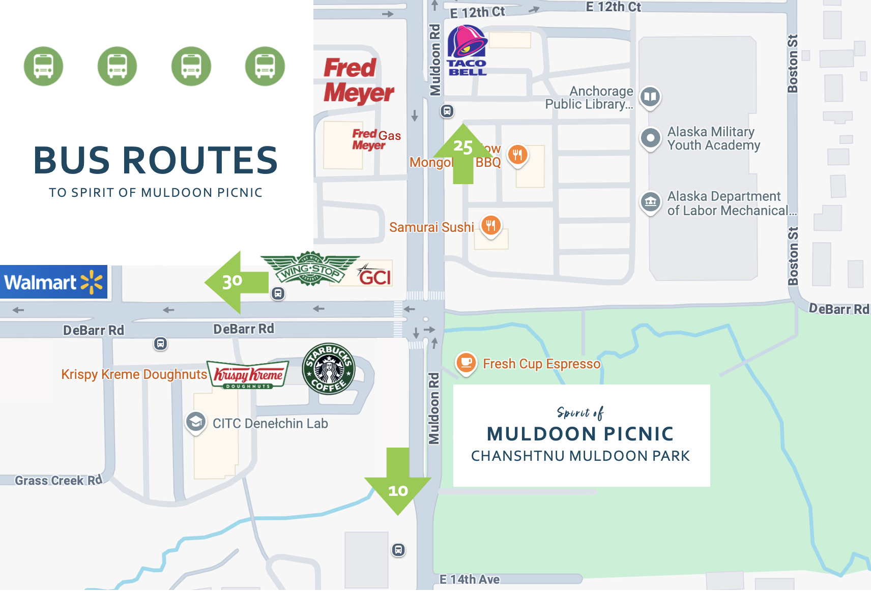 Map showing bus route options for taking public transit to Chanshtnu Muldoon Park in Northeast Anchorage, Alaska
Muni Public transportation hub at intersection of Debarr Rd and Muldoon Rd
Chanshtnu Muldoon Park
1301 Muldoon Road
Anchorage, AK 99504