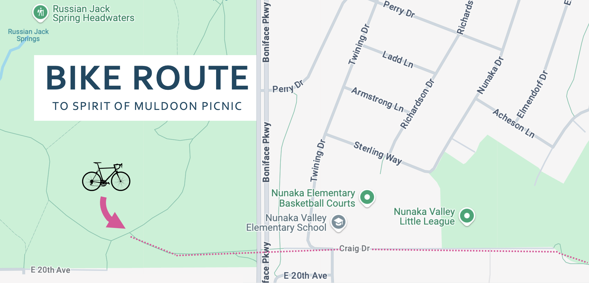 Map showing bike route for cycling to Muldoon Farmers Market in Northeast Anchorage, Alaska
Chanshtnu Muldoon Park
1301 Muldoon Road
Anchorage, AK 99504