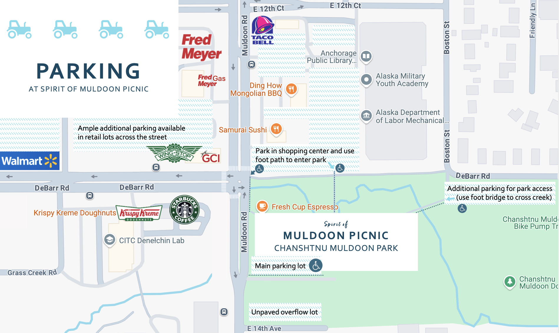 Map showing parking for Muldoon Farmers Market in Northeast Anchorage, Alaska
Chanshtnu Muldoon Park
1301 Muldoon Road
Anchorage, AK 99504