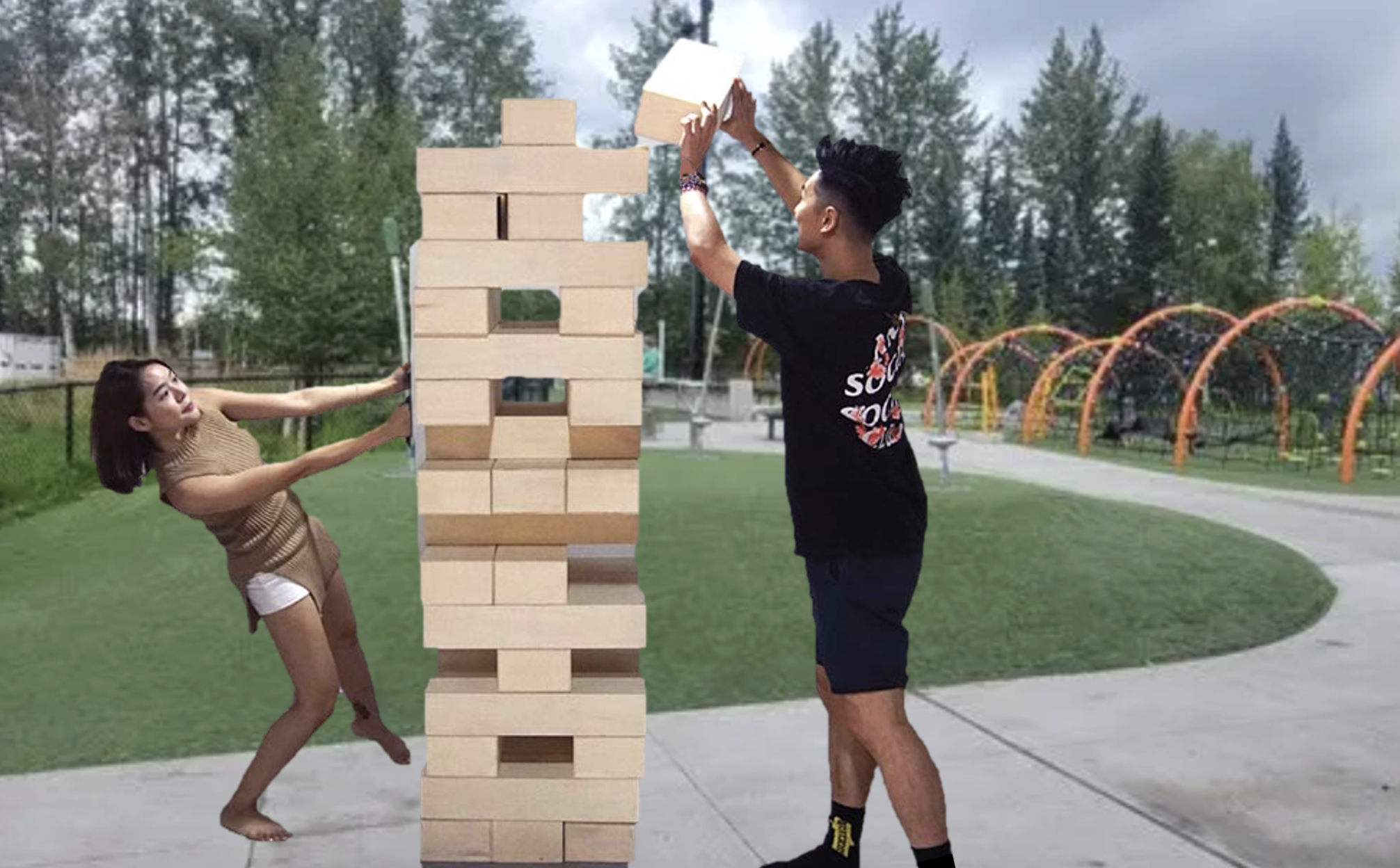Giant jenga in the park as a potential activity for teens and young adults