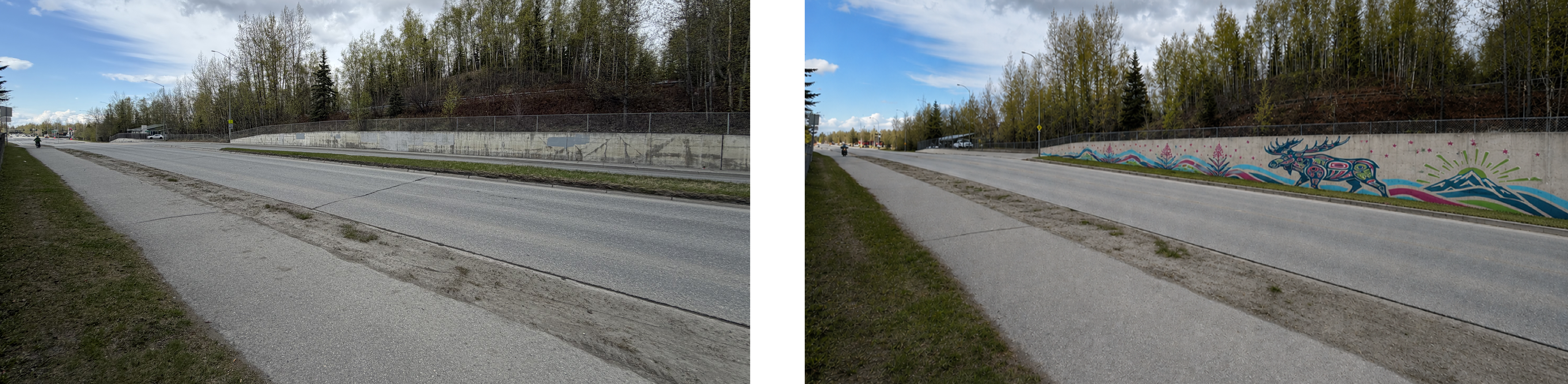 Northern lights in East Anchorage showing the current concrete wall and an idea for a mural featuring a moose and mountains to beautify this area.