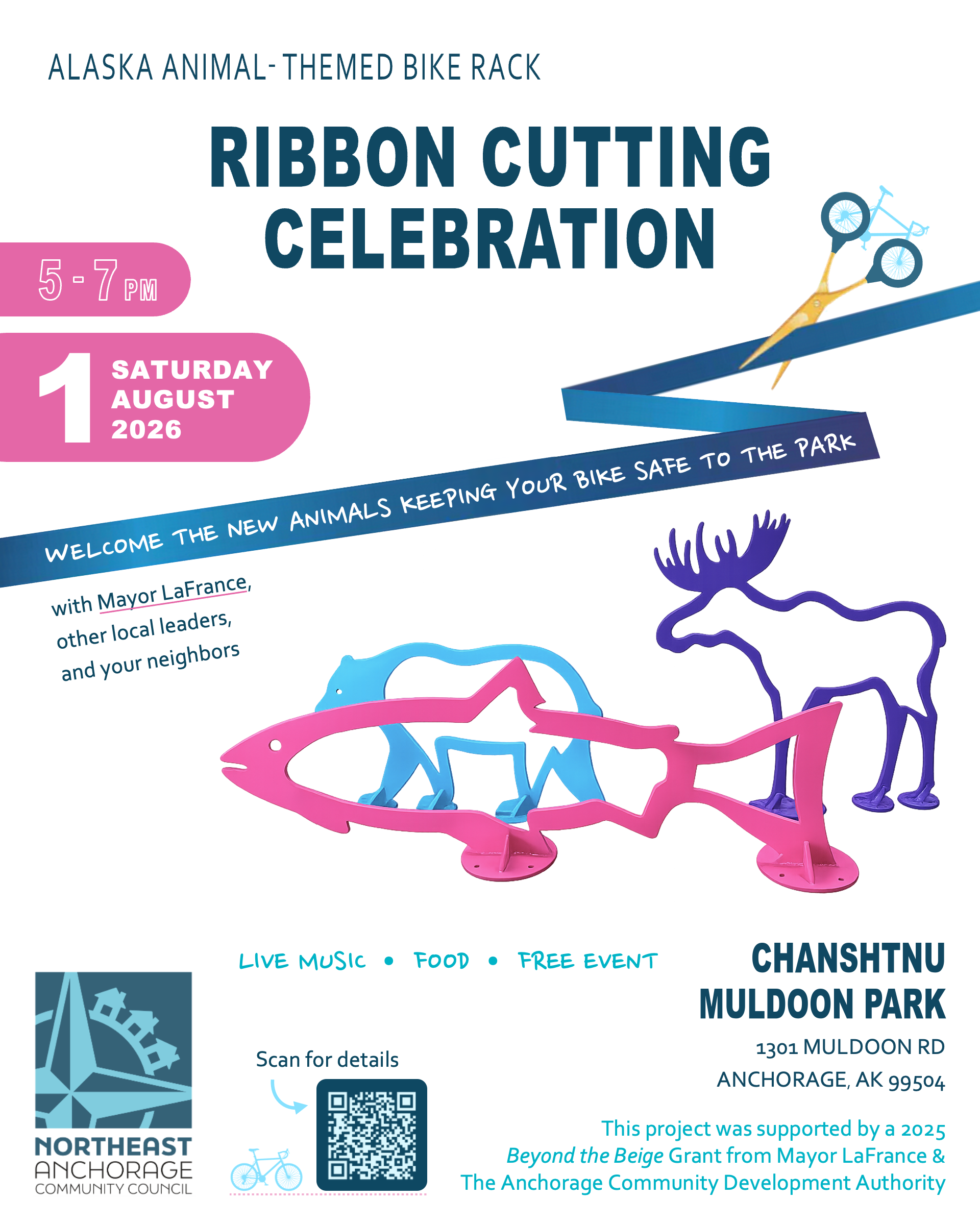 Join Mayor LaFrance, other local leaders, and your neighbors to welcome the new Alaska Animal-Themed Bike Racks to Chanshtnu Muldoon Park on Saturday, August 1 from 5-7pm. Free community event open to the public. Enjoy live music, snacks, and see the new colorful bike racks.
