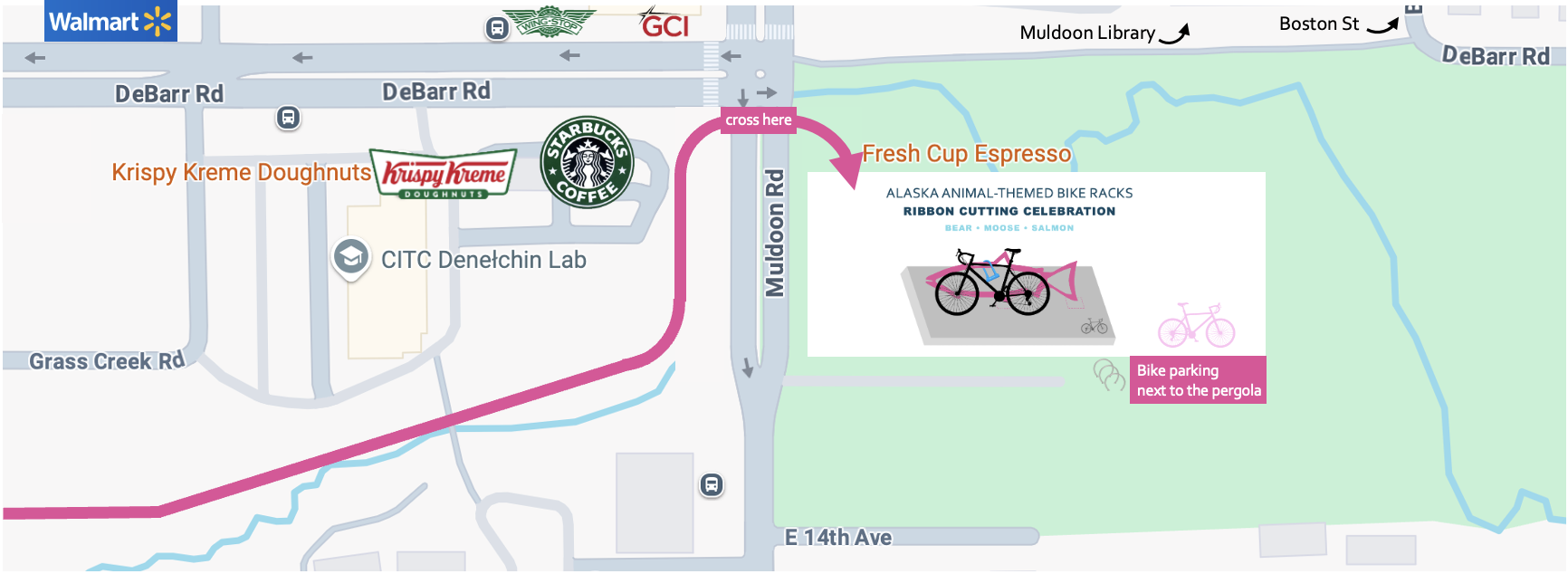 Bike route to Chanshtnu Muldoon Park from the west