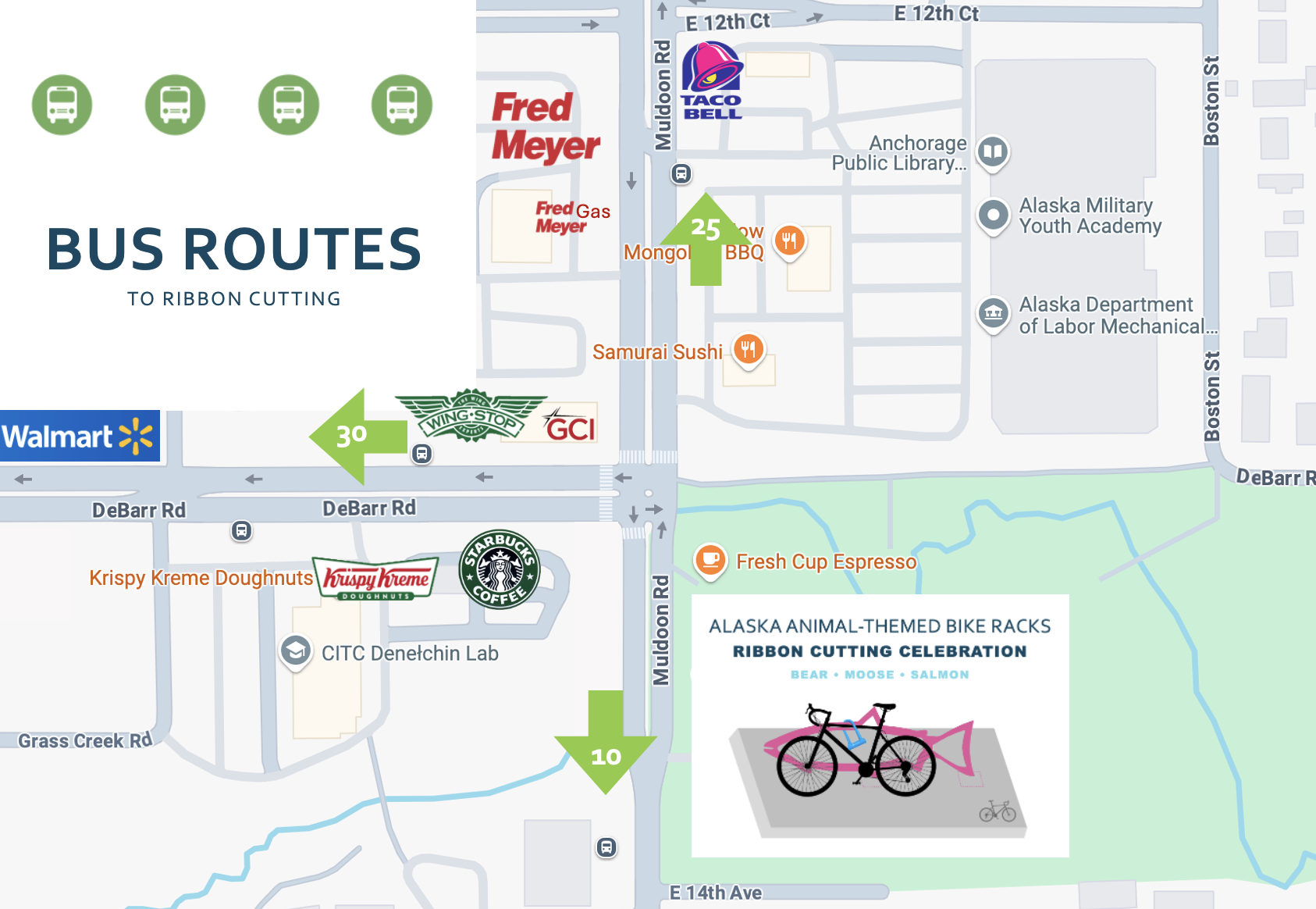 Map showing bus route options for taking public transit to Chanshtnu Muldoon Park in Northeast Anchorage, Alaska
Muni Public transportation hub at intersection of Debarr Rd and Muldoon Rd
Chanshtnu Muldoon Park
1301 Muldoon Road
Anchorage, AK 99504