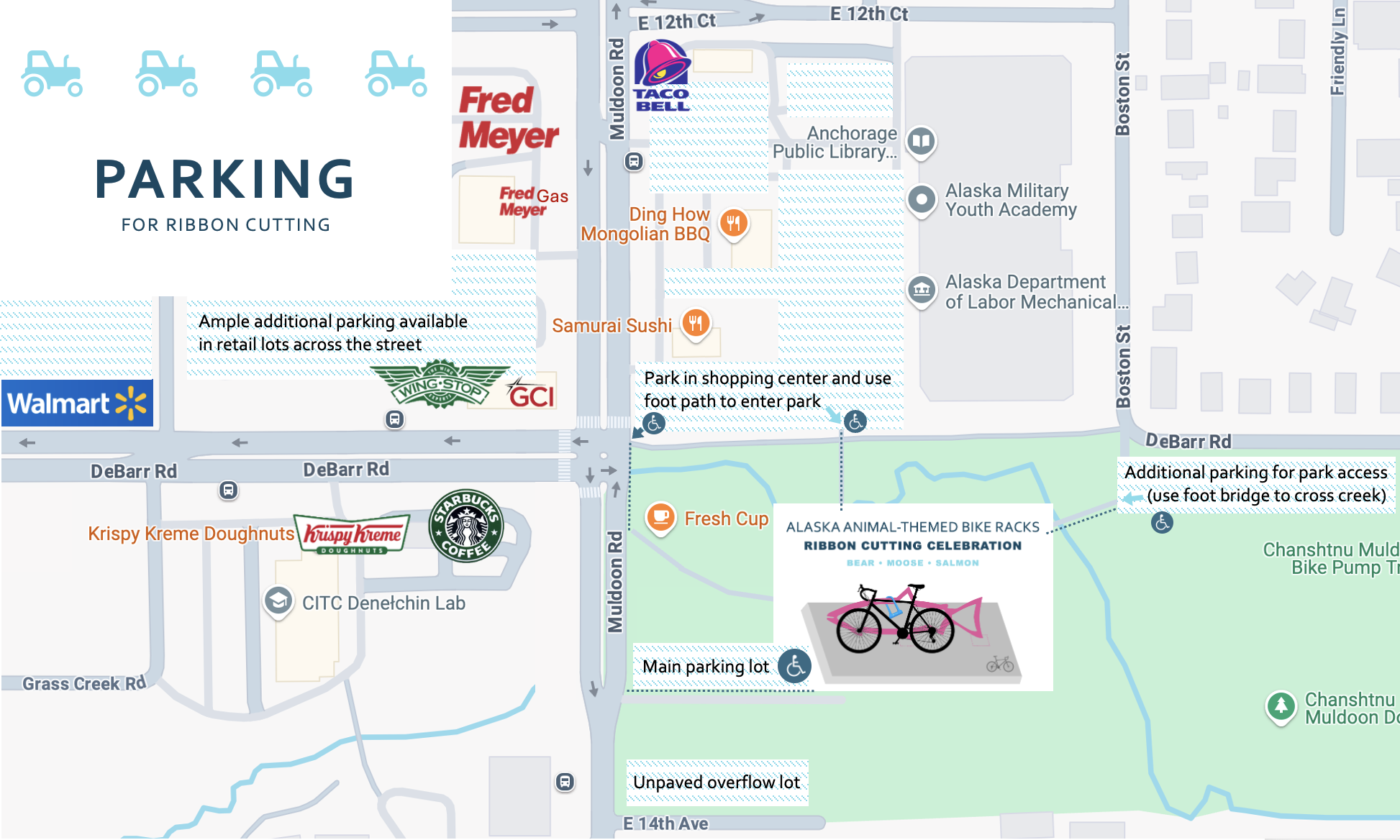 Map showing parking for Muldoon Farmers Market in Northeast Anchorage, Alaska
Chanshtnu Muldoon Park
1301 Muldoon Road
Anchorage, AK 99504
