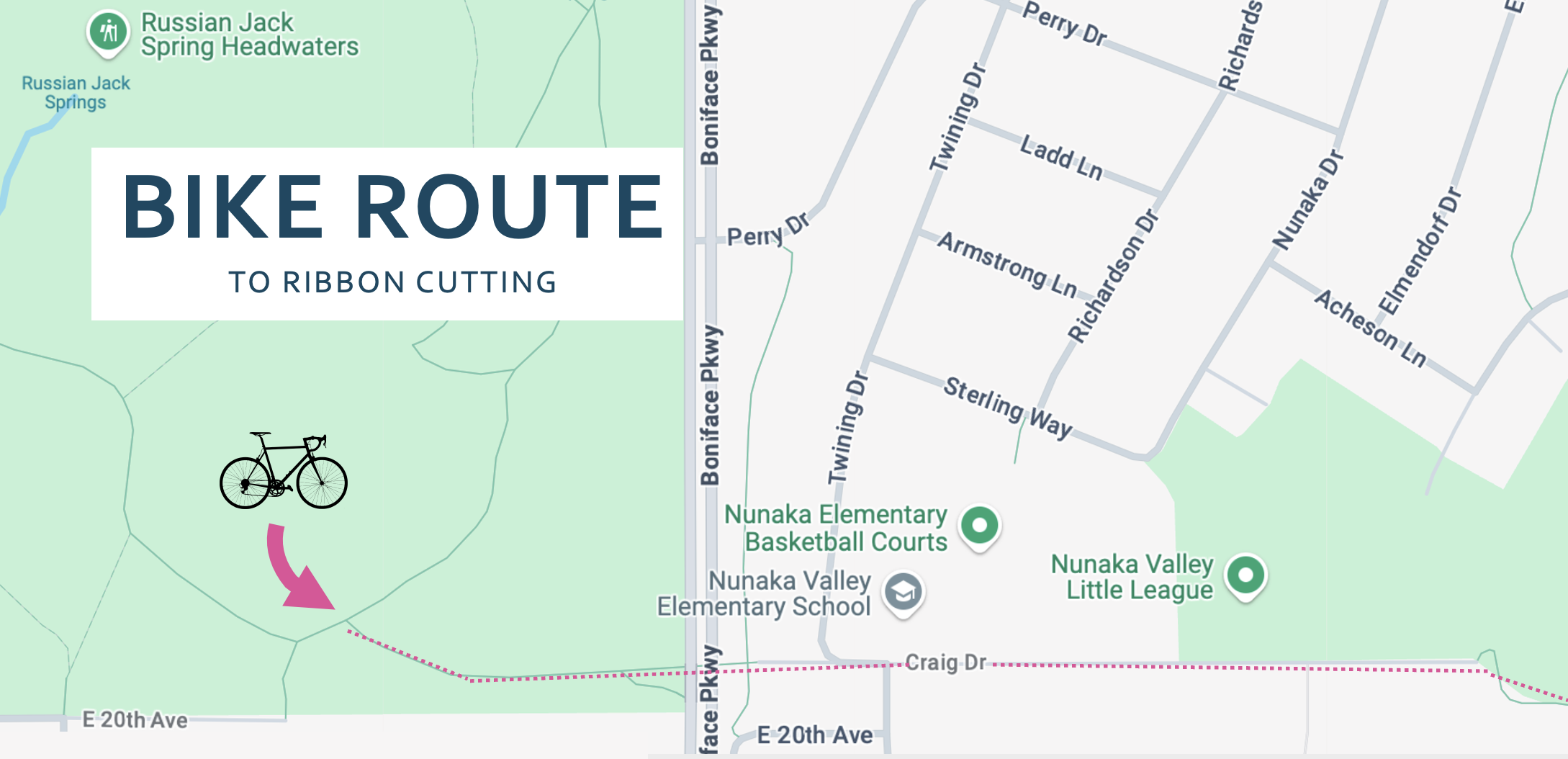 Map showing bike route for cycling to Muldoon Farmers Market in Northeast Anchorage, Alaska
Chanshtnu Muldoon Park
1301 Muldoon Road
Anchorage, AK 99504